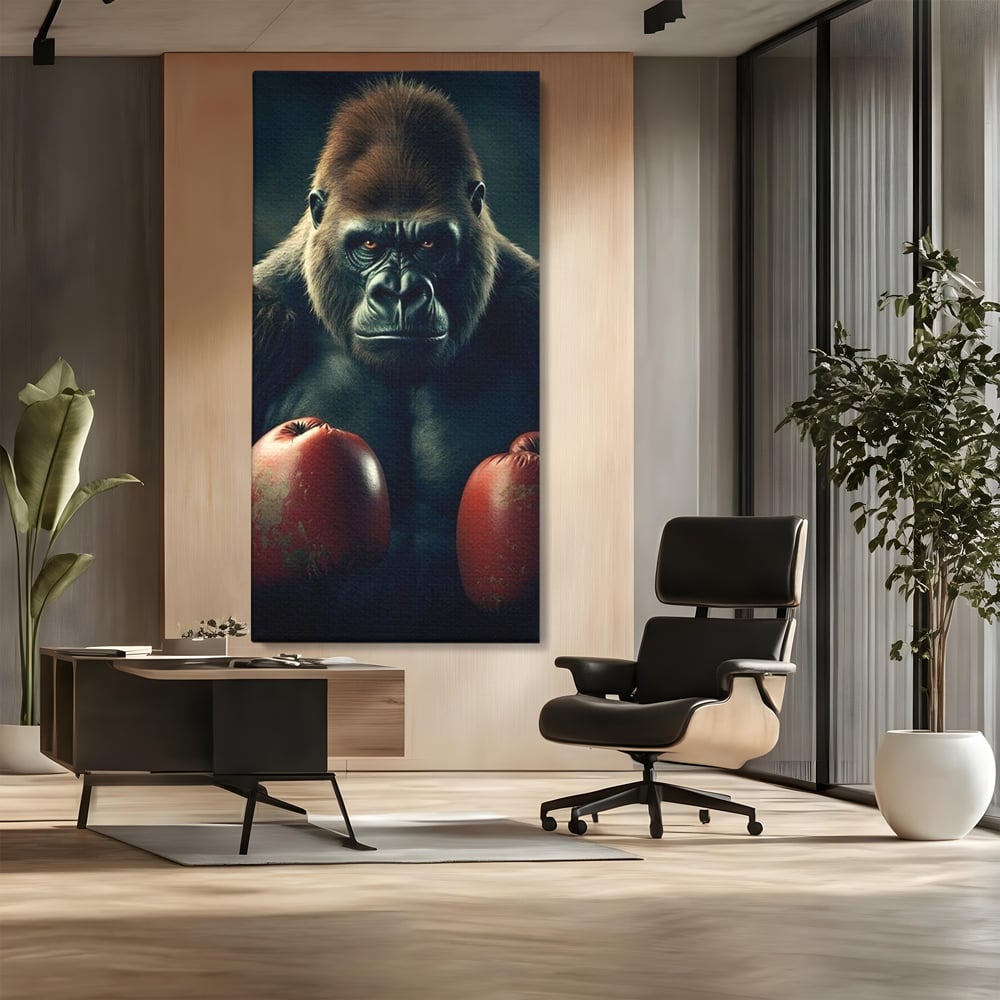 Tablou canvas cu tablou canvas cu gorila boxer, fara rama, pe sasiu de lemn, pe perete intr-un birou